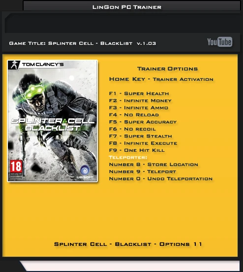 Tom Clancy's Splinter Cell ~ Blacklist: Трейнер/Trainer (+11) [1.03: DX9 & DX11 / Updated Version] {LinGon}