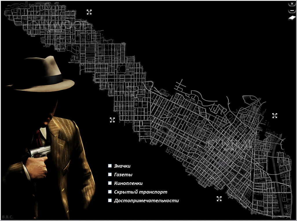L.A. Noire: Карта расположений газет, кинопленок, достопримечательностей, значков