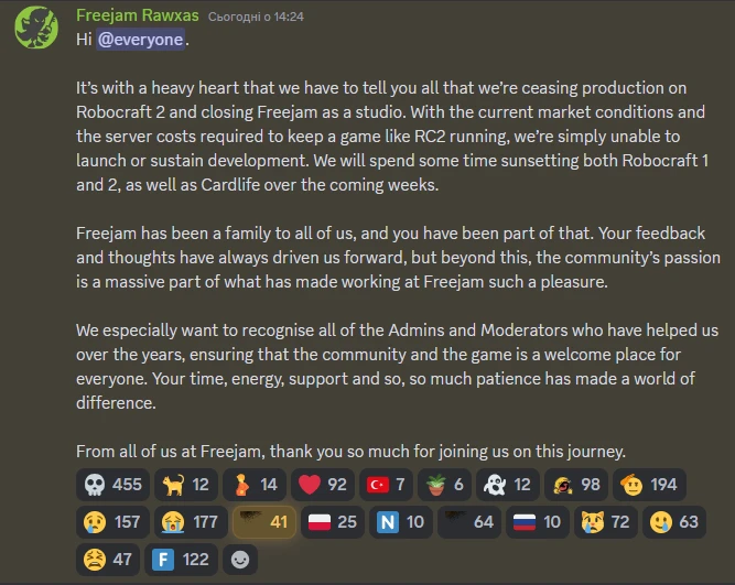 Разработчики Freejam объявили о закрытии студии, серверы закроют в течение недели - Robocraft 2 отменена