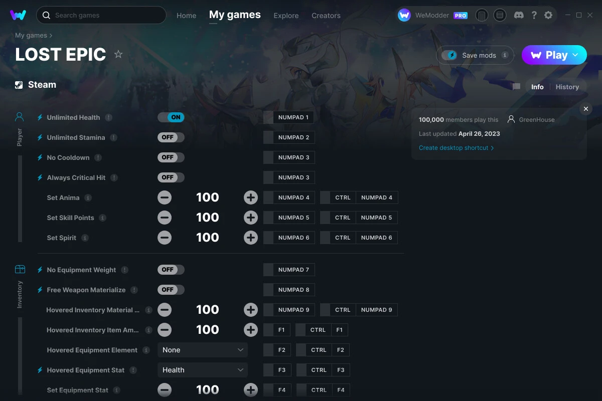 Lost Epic "Трейнер +14" [UPD: 26.04.2023] {GreenHouse / WeMod}