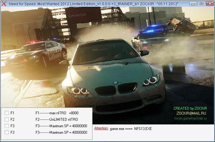 Need for Speed - Most Wanted (2012): Трейнер/Trainer (+3) [1.0] {ZOCKIR/GHL}