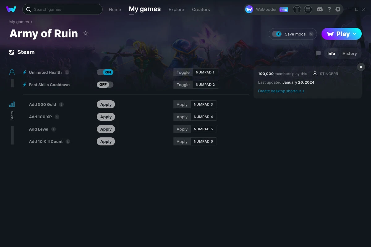 Army of Ruin "Трейнер +6 от WeMod: Здоровье, золото, опыт и пр"