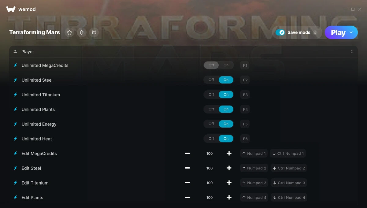 Terraforming Mars "Трейнер +13 от WeMod: Кредиты, энергия, тепло и пр"