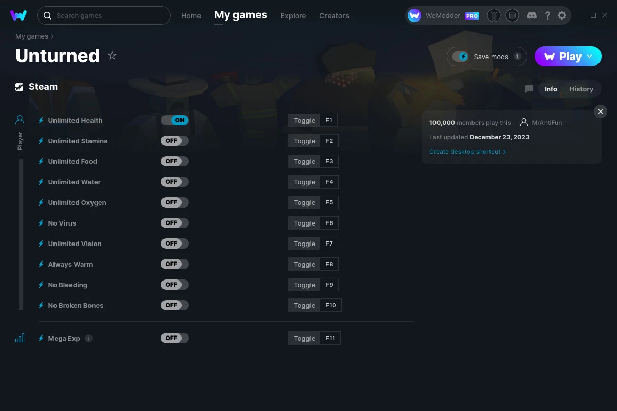 Unturned "Трейнер +13 от WeMod: Здоровье, выносливость, еда и пр"