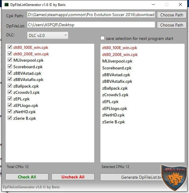 Pro Evolution Soccer 2016 "DpFileList Generator v1.6 DLC v1.0, 2.0"