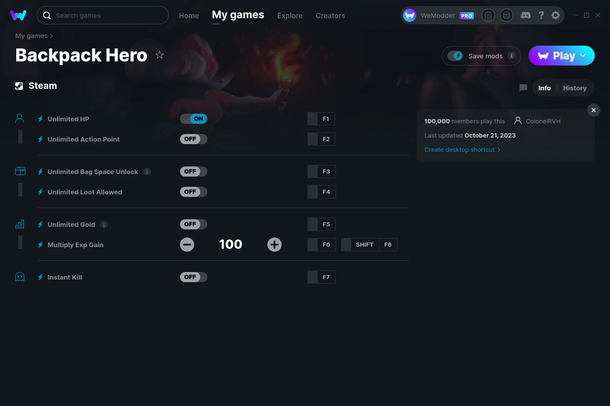 Backpack Hero "Трейнер +7" [UPD: 21.10.2023] {ColonelRVH / WeMod}