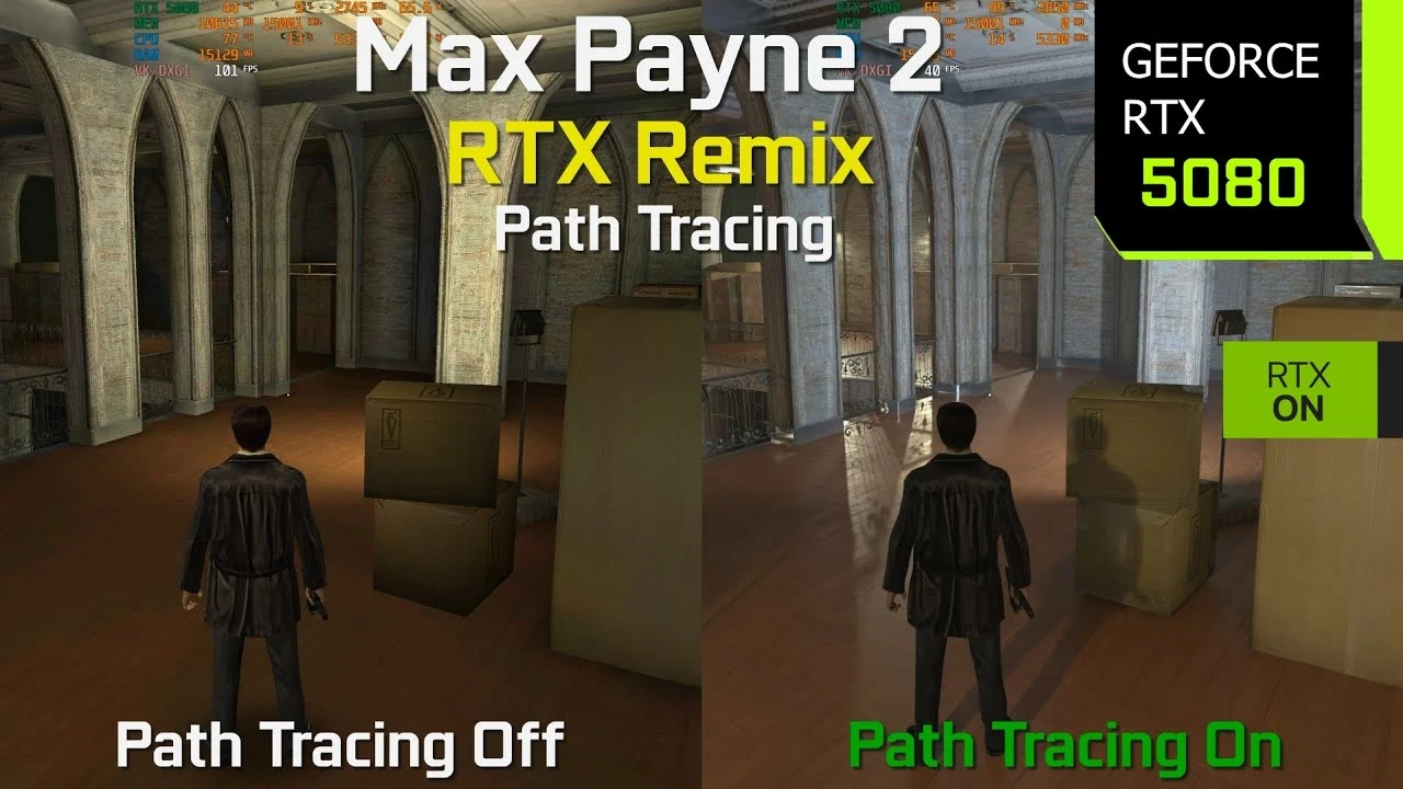 Мод Max Payne 2 RTX Remix добавляет трассировку пути очень высокой ценой - от 1200+ до 36 кадров в секунду на RTX 5080