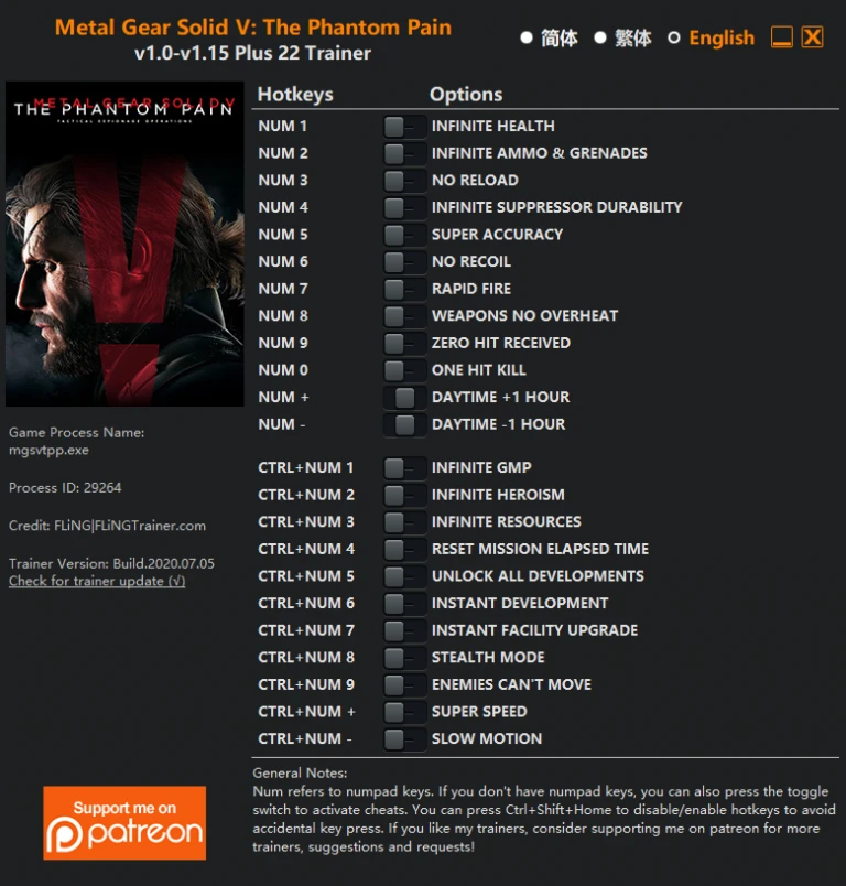 Metal Gear Solid 5: The Phantom Pain: Трейнер/Trainer (+22) [1.0.1.0 - 1.15] {FLiNG}