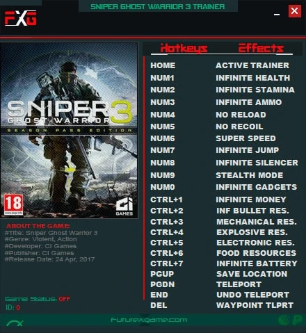 Sniper: Ghost Warrior 3: Трейнер/Trainer (+19) [1.0.3] {FutureX}