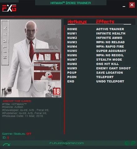 Hitman 6: Трейнер/Trainer (+9) [1.13.2] {FutureX}