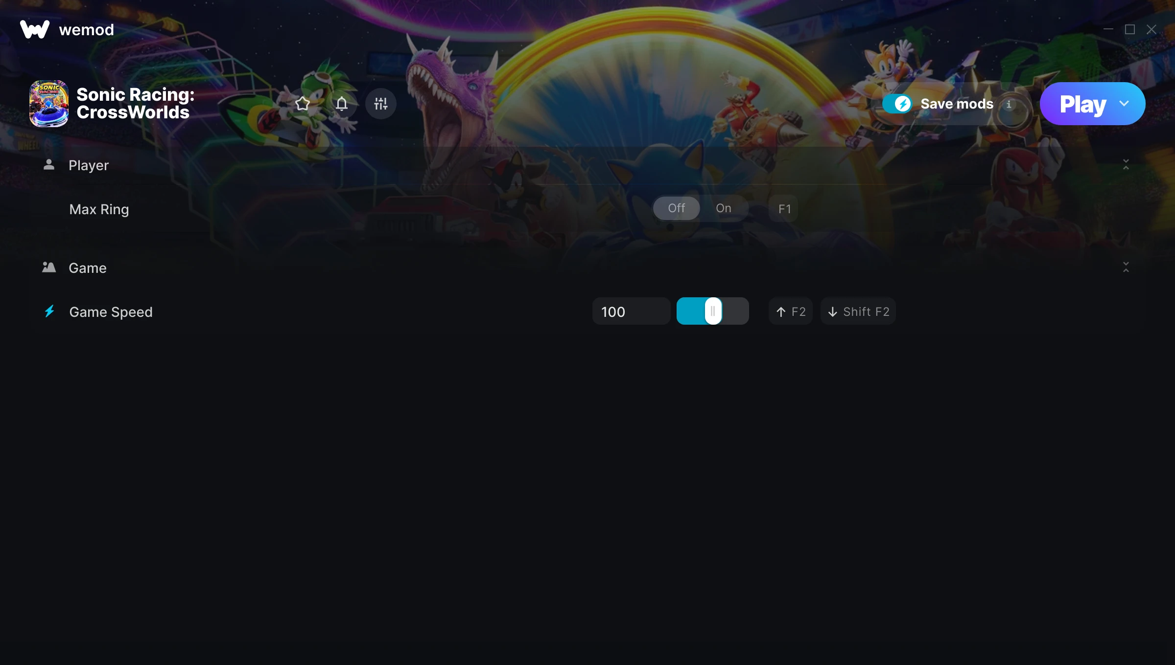 Sonic Racing: CrossWorlds "Трейнер +2 от WeMod: Редактор колец и скорости"