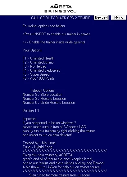 Call of Duty - Black Ops 2: Трейнер/Trainer (+8) [1.1: Zombie Mode] {Linus/AOBETA}