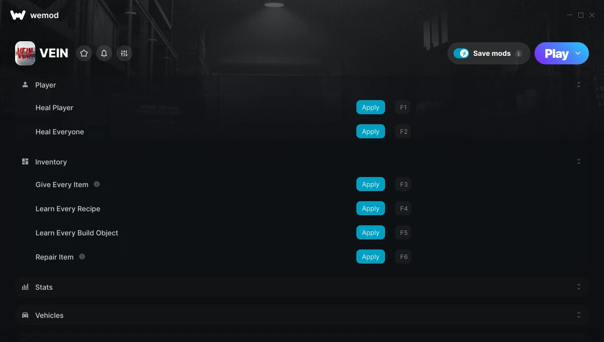 VEIN "Трейнер +29 от WeMod: Редактор игрока, инвентаря и транспорта"