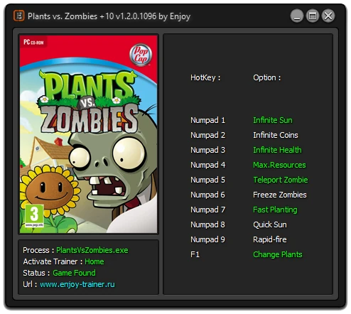 Plants vs. Zombies: Трейнер/Trainer (+10) [1.2.0.1096] {Enjoy / ETR}
