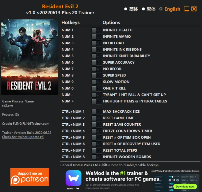 Resident Evil 2 "Трейнер +20" [1.0 - UPD: 22.06.2022] {FLiNG}
