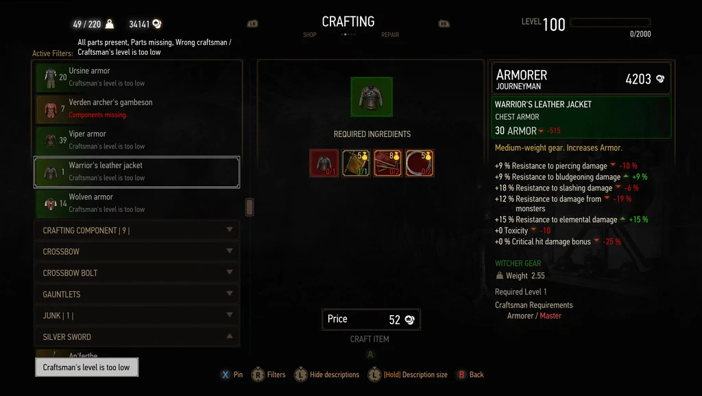 Witcher 3: Wild Hunt "Повышенный уровень для крафта доспехов и мечей"