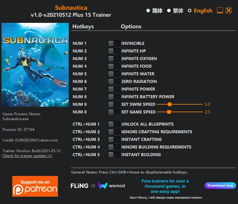 Subnautica: Трейнер/Trainer (+15) [1.0 - UPD: 12.05.2021] {FLiNG}