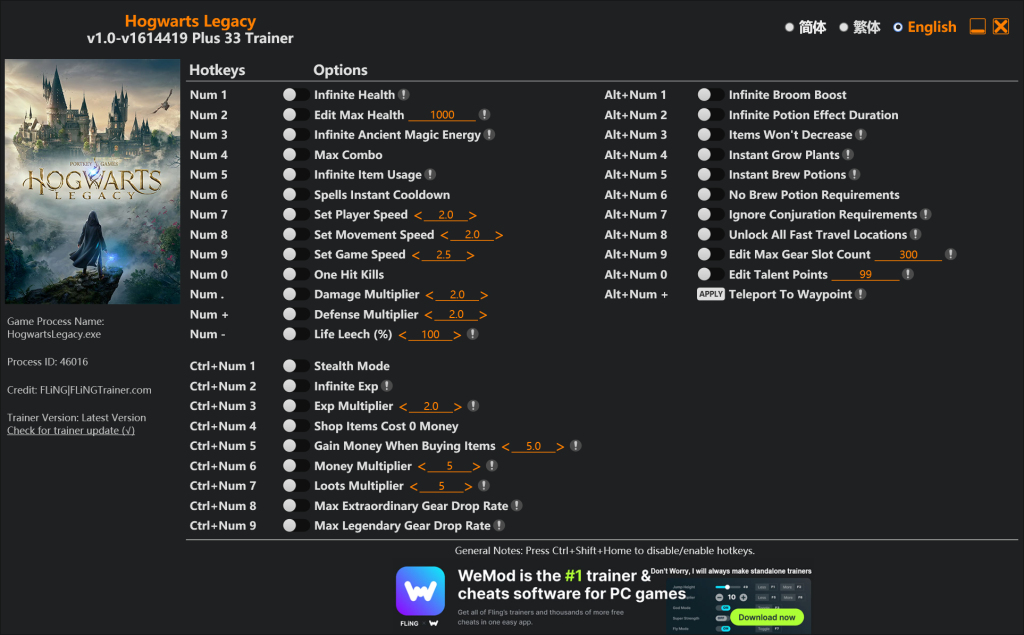 Hogwarts Legacy "Трейнер +33 от FLiNG: Здоровье, энергия, комбо и пр" [1.0 - 1614419]