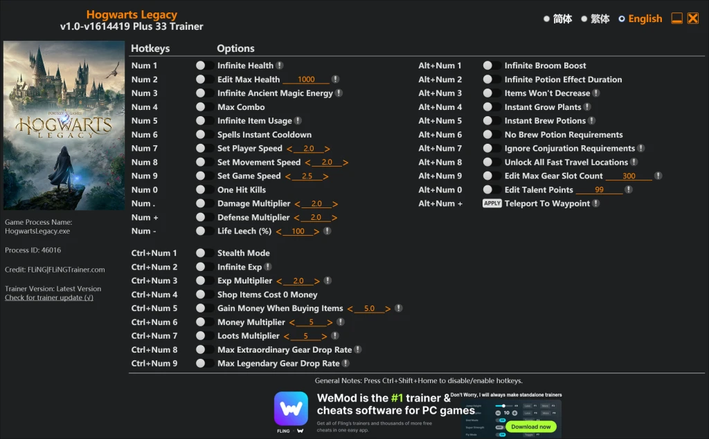 Hogwarts Legacy "Трейнер +33 от FLiNG: Здоровье, энергия, комбо и пр" [1.0 - 1614419]