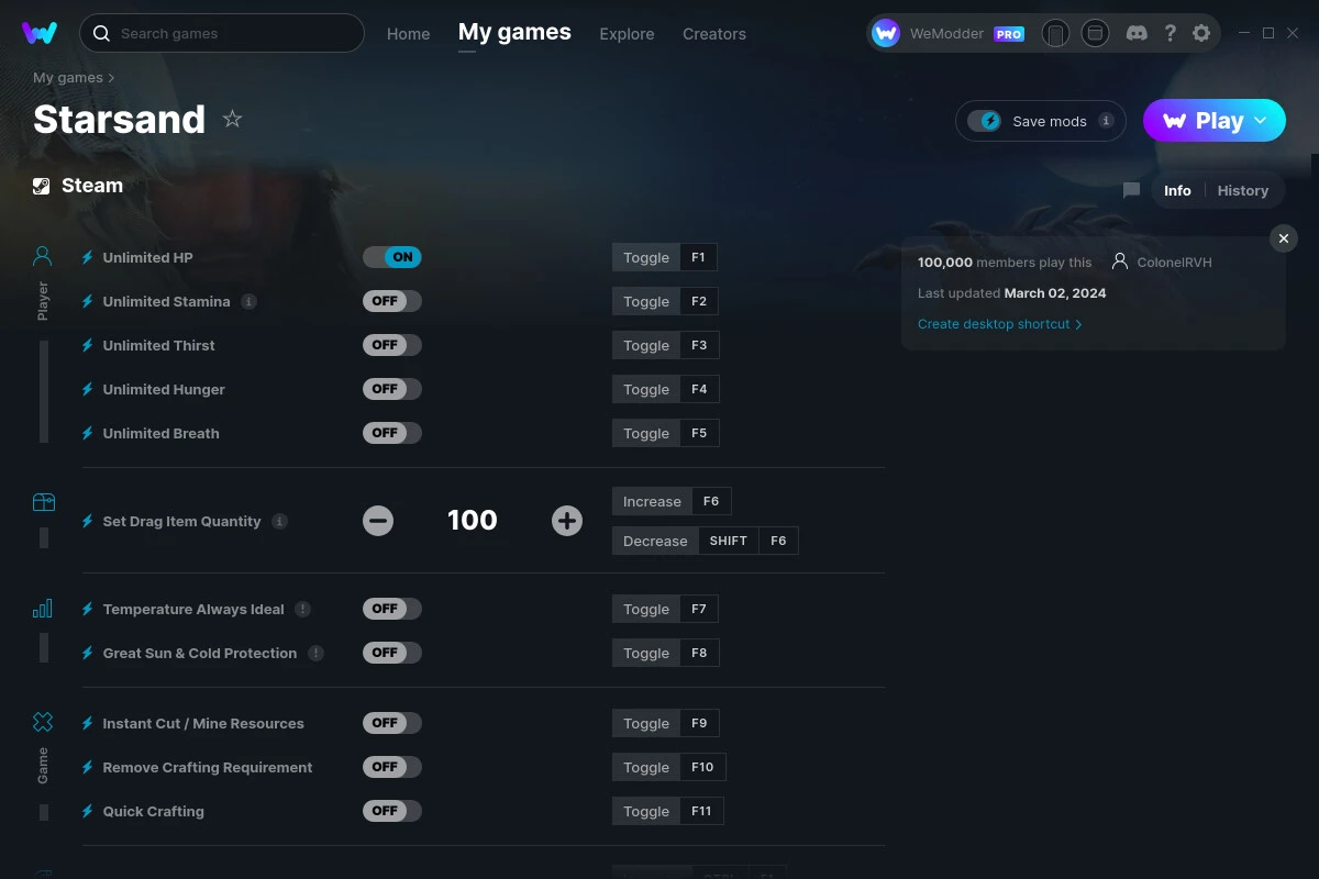 Starsand "Трейнер +12" [UPD: 02.03.2024] {ColonelRVH / WeMod}