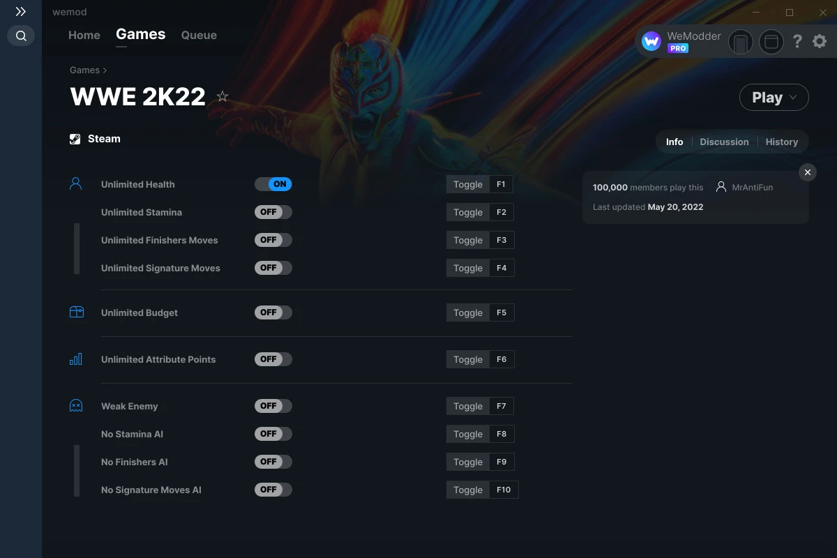 WWE 2K22 "Трейнер +10" [UPD: 20.05.2022] {MrAntiFun / WeMod}