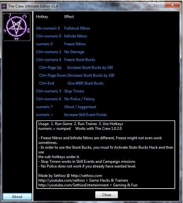 The Crew: Трейнер/Trainer - Ultimate Editor (+12) [1.4 - 1020] {Sethioz}