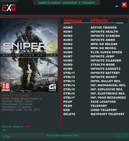 Sniper: Ghost Warrior 3: Трейнер/Trainer (+19) [1.0 - 1.8] {FutureX}