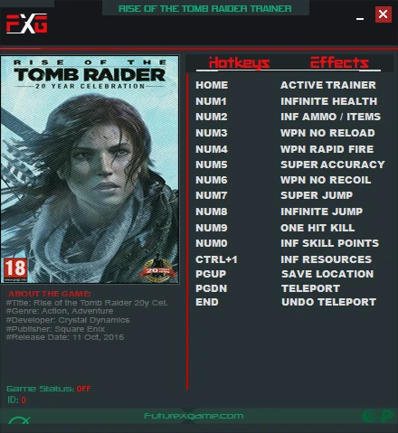 Rise of the Tomb Raider - 20 Year Celebration: Трейнер/Trainer (+12) [1.0: Build 767.2_64] {FutureX}