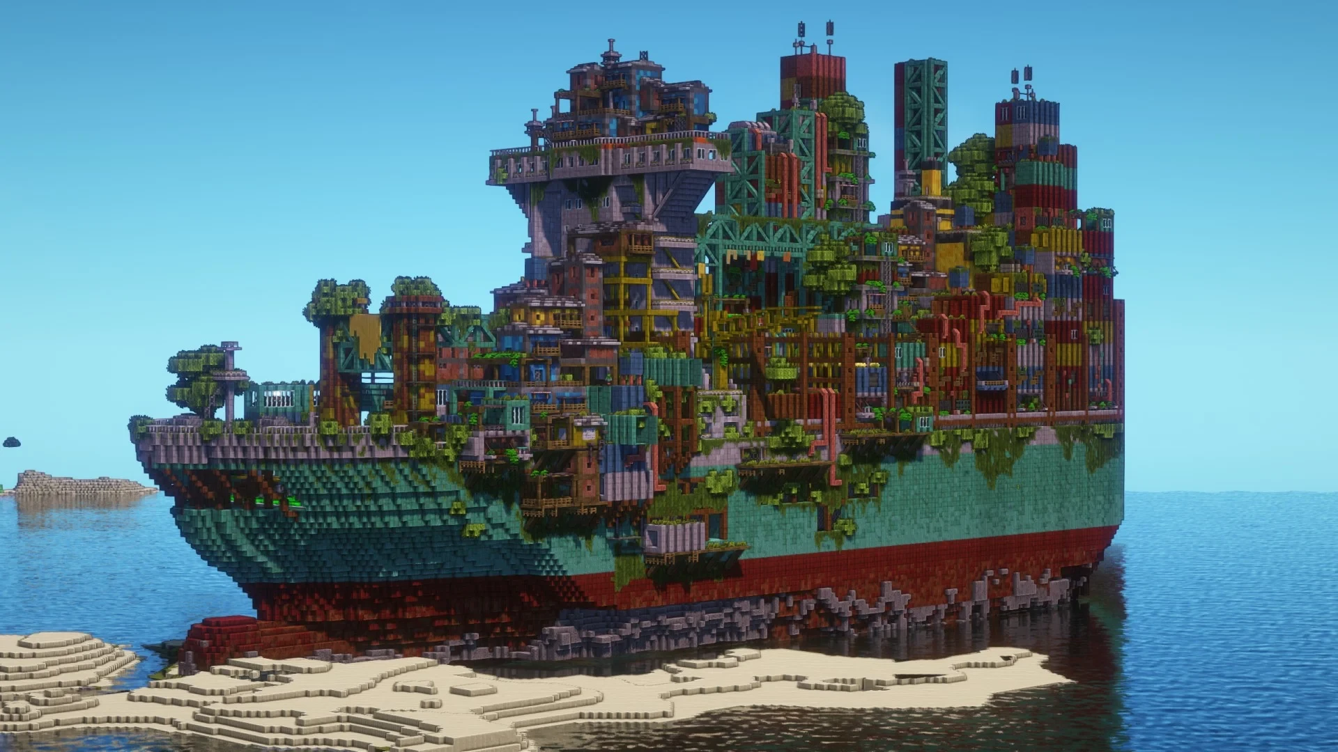 Игрок создал поселок на заброшенном огромном контейнеровозе в Minecraft