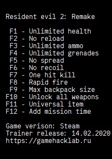 Resident Evil 2 / BIOHAZARD 2: Трейнер/Trainer (+12) [Steam] {LIRW / GHL}
