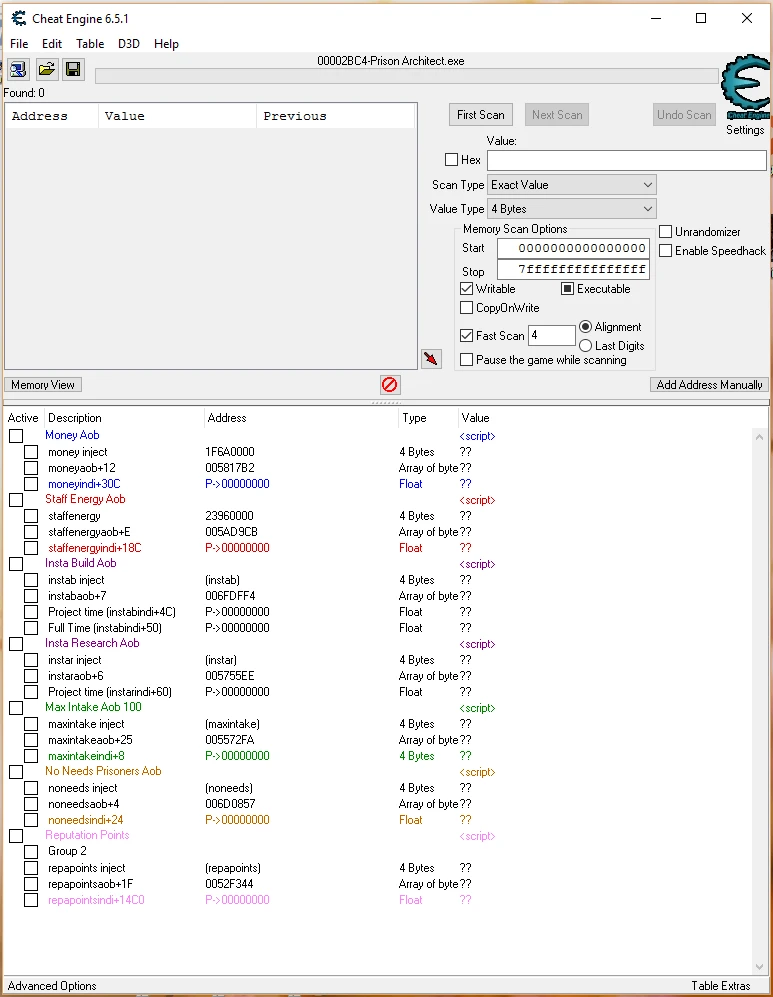 Prison Architect: Таблица для Cheat Engine (+7) [Update 7с]