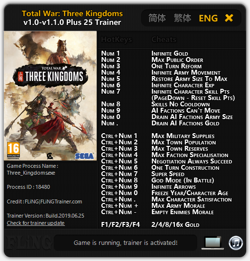 Total War: Three Kingdoms: Trainer (+25) [1.0 &#8211; 1.1.0 (06/25/2019)] {FLiNG}
