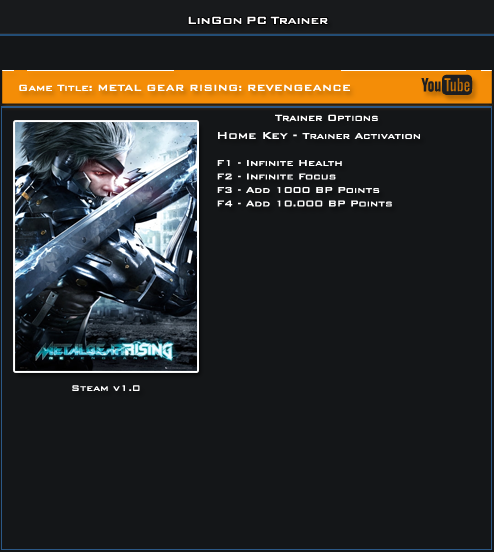 Metal Gear Rising ~ Revengeance: Trainer (+4) [1.0] {LinGon}