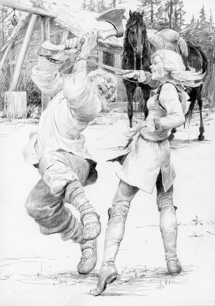 Старичок-Лесовичок в схватке с Цири. Иллюстрация Дениса Гордеева