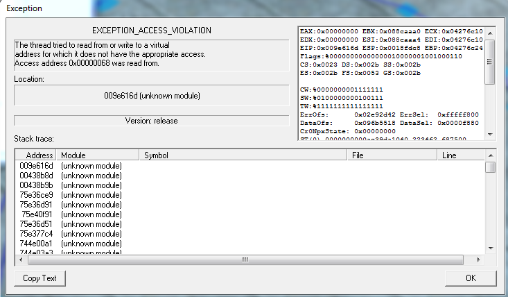 Exception access violation reading address 0x0000000000000030. Exception access violation reading address 0x0000000000000030