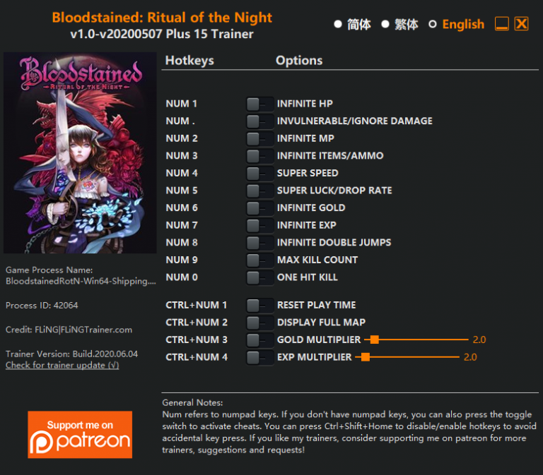 Bloodstained: Ritual of the Night: Trainer (+15) [1.0 &#8211; UPD: 05/07/2020] {FLiNG}