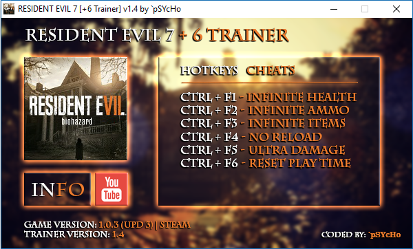 Resident Evil 7: Trainer (+6) [1.0.3 (UPD3) | STEAM] {pSYcHo}