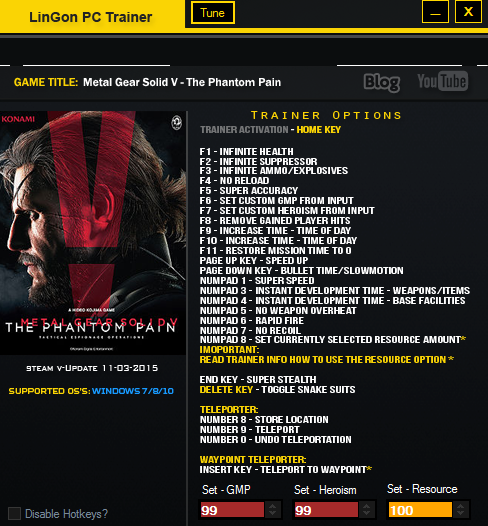 Metal Gear Solid V: The Phantom Pain: Trainer (+26) [Update 03.11.2015] {LinGon}