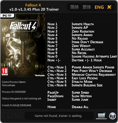 Fallout 4: Trainer (+20) [1.0 &#8211; 1.3.45] {FLiNG}