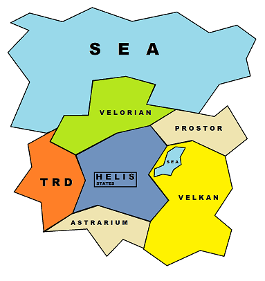 Карта ближайших соседей Хелиса. Не доделано. зеленый цвет - Союзник. Желтый - нейтральный. Красный - противник. (Светло желтый - Более дружелюбно) (Оранжевый - Более агрессивно чем желтое.) (SEA это море а не государство)