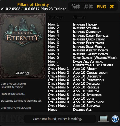 Pillars of Eternity: Trainer (+23) [1.0.2.0508 &#8211; 1.0.6.0617] {FLiNG}