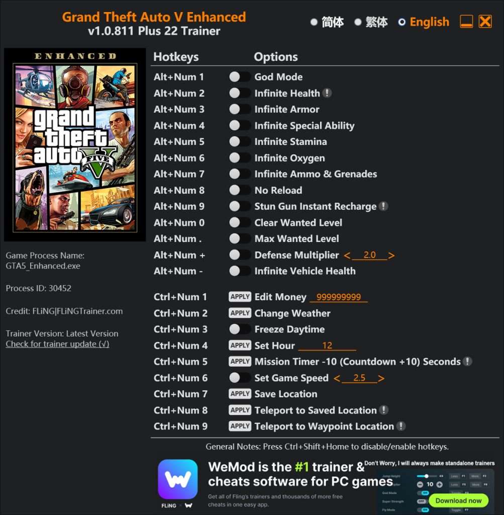 Скачать Grand Theft Auto 5 Enhanced "Трейнер +22" [1.0.811] {FLiNG}